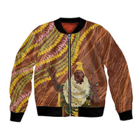 Hawaii King Kamehameha Bomber Jacket Hawaiian Kakau Pattern With Leis LT05 Unisex Brown - Polynesian Pride