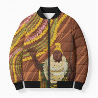 Hawaii King Kamehameha Bomber Puffer Jacket Hawaiian Kakau Pattern With Leis LT05 Unisex Brown - Polynesian Pride