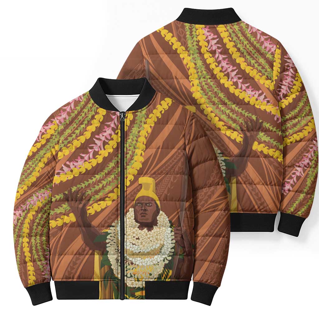 Hawaii King Kamehameha Bomber Puffer Jacket Hawaiian Kakau Pattern With Leis LT05 - Polynesian Pride