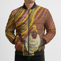 Hawaii King Kamehameha Bomber Puffer Jacket Hawaiian Kakau Pattern With Leis LT05 - Polynesian Pride