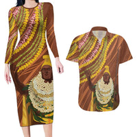 Hawaii King Kamehameha Couples Matching Long Sleeve Bodycon Dress and Hawaiian Shirt Hawaiian Kakau Pattern With Leis