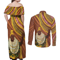 Hawaii King Kamehameha Couples Matching Off Shoulder Maxi Dress and Long Sleeve Button Shirt Hawaiian Kakau Pattern With Leis LT05 - Polynesian Pride