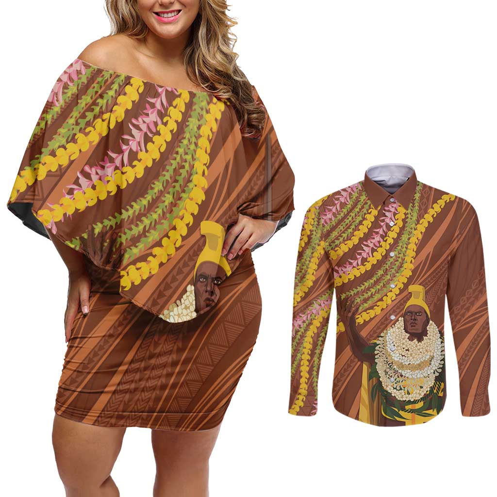 Hawaii King Kamehameha Couples Matching Off Shoulder Short Dress and Long Sleeve Button Shirt Hawaiian Kakau Pattern With Leis LT05 Brown - Polynesian Pride