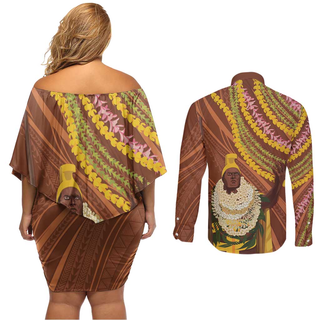 Hawaii King Kamehameha Couples Matching Off Shoulder Short Dress and Long Sleeve Button Shirt Hawaiian Kakau Pattern With Leis LT05 - Polynesian Pride