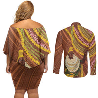 Hawaii King Kamehameha Couples Matching Off Shoulder Short Dress and Long Sleeve Button Shirt Hawaiian Kakau Pattern With Leis LT05 - Polynesian Pride