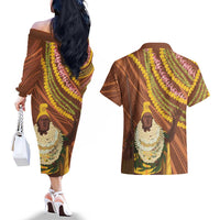 Hawaii King Kamehameha Couples Matching Off The Shoulder Long Sleeve Dress and Hawaiian Shirt Hawaiian Kakau Pattern With Leis