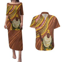 Hawaii King Kamehameha Couples Matching Puletasi and Hawaiian Shirt Hawaiian Kakau Pattern With Leis LT05 Brown - Polynesian Pride
