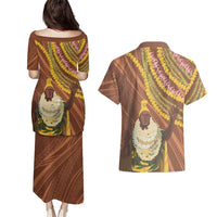 Hawaii King Kamehameha Couples Matching Puletasi and Hawaiian Shirt Hawaiian Kakau Pattern With Leis LT05 - Polynesian Pride