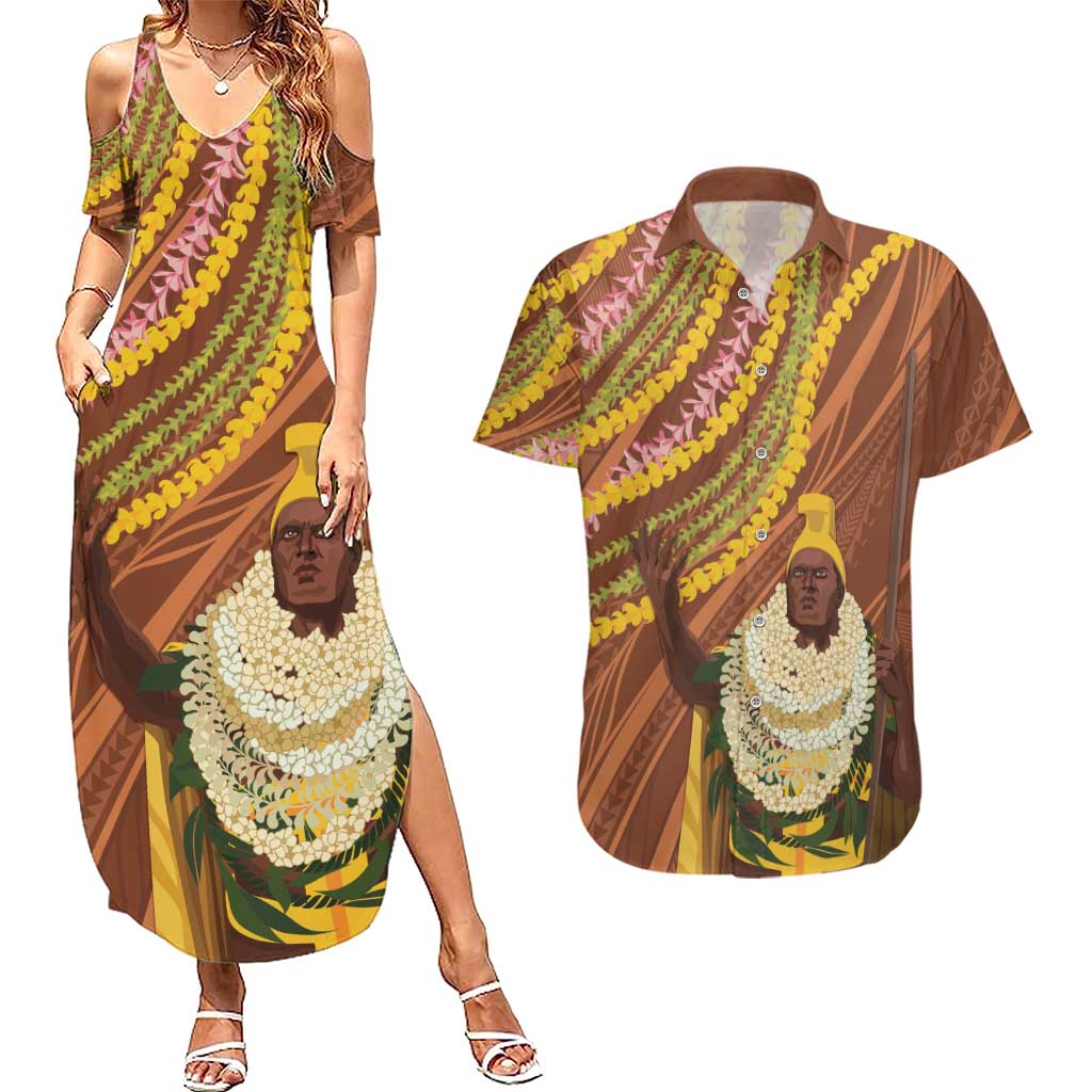 Hawaii King Kamehameha Couples Matching Summer Maxi Dress and Hawaiian Shirt Hawaiian Kakau Pattern With Leis LT05 Brown - Polynesian Pride