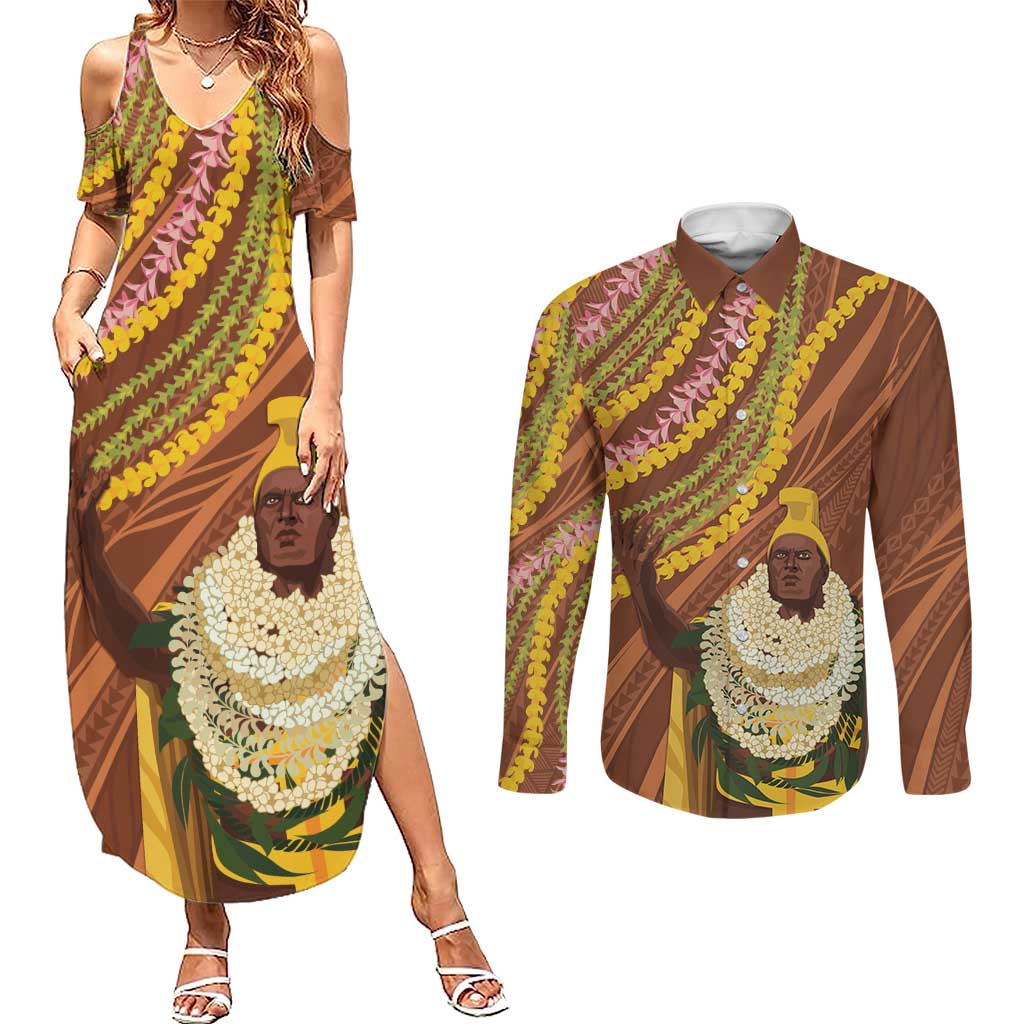 Hawaii King Kamehameha Couples Matching Summer Maxi Dress and Long Sleeve Button Shirt Hawaiian Kakau Pattern With Leis