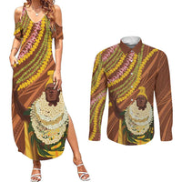 Hawaii King Kamehameha Couples Matching Summer Maxi Dress and Long Sleeve Button Shirt Hawaiian Kakau Pattern With Leis