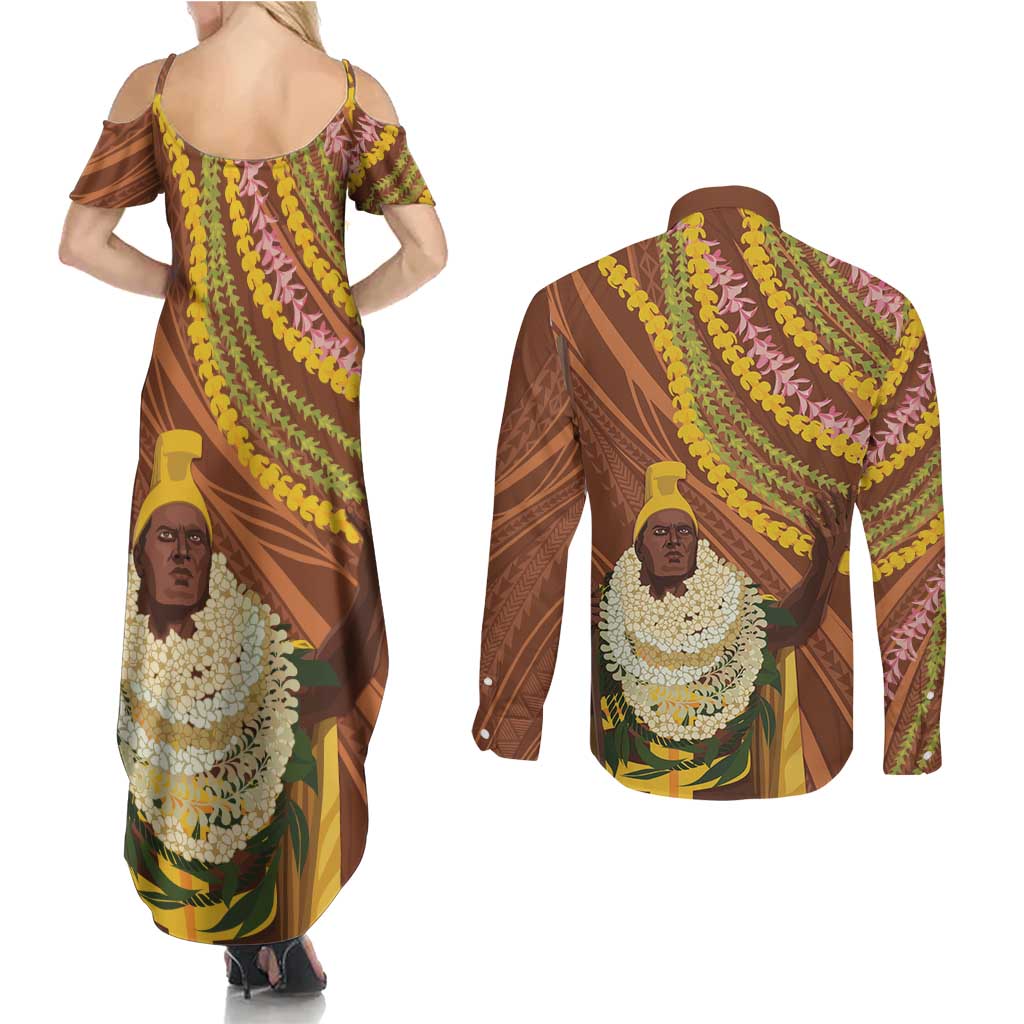 Hawaii King Kamehameha Couples Matching Summer Maxi Dress and Long Sleeve Button Shirt Hawaiian Kakau Pattern With Leis