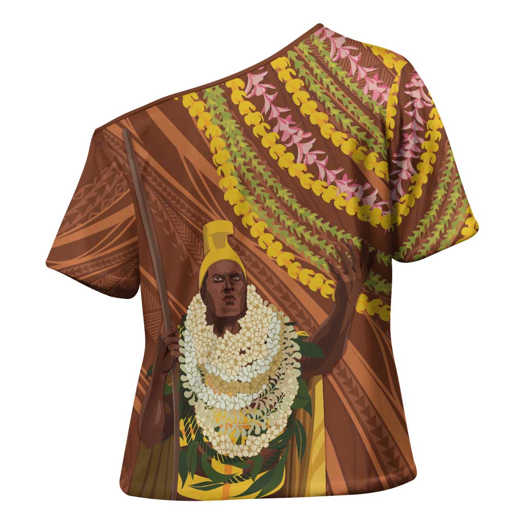 Hawaii King Kamehameha Cross Shoulder Shirt Hawaiian Kakau Pattern With Leis LT05 - Polynesian Pride