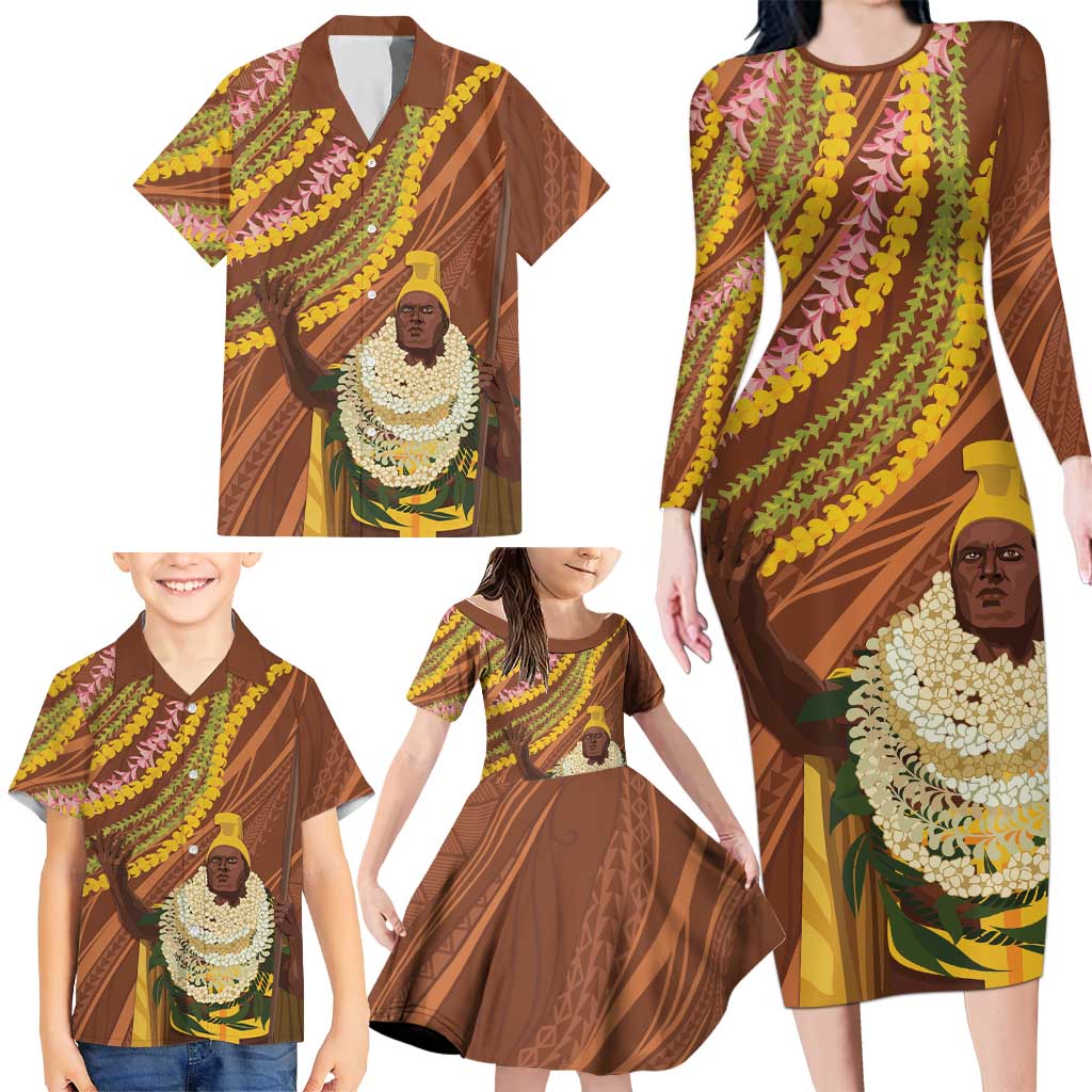 Hawaii King Kamehameha Family Matching Long Sleeve Bodycon Dress and Hawaiian Shirt Hawaiian Kakau Pattern With Leis LT05 - Polynesian Pride