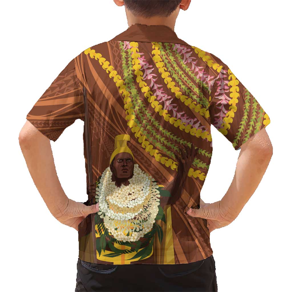 Hawaii King Kamehameha Family Matching Off The Shoulder Long Sleeve Dress and Hawaiian Shirt Hawaiian Kakau Pattern With Leis