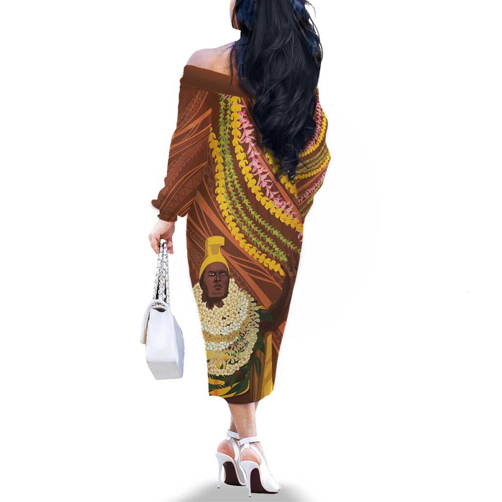 Hawaii King Kamehameha Family Matching Off The Shoulder Long Sleeve Dress and Hawaiian Shirt Hawaiian Kakau Pattern With Leis