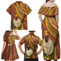 Hawaii King Kamehameha Family Matching Off Shoulder Maxi Dress and Hawaiian Shirt Hawaiian Kakau Pattern With Leis