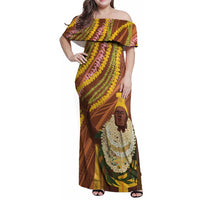 Hawaii King Kamehameha Family Matching Off Shoulder Maxi Dress and Hawaiian Shirt Hawaiian Kakau Pattern With Leis