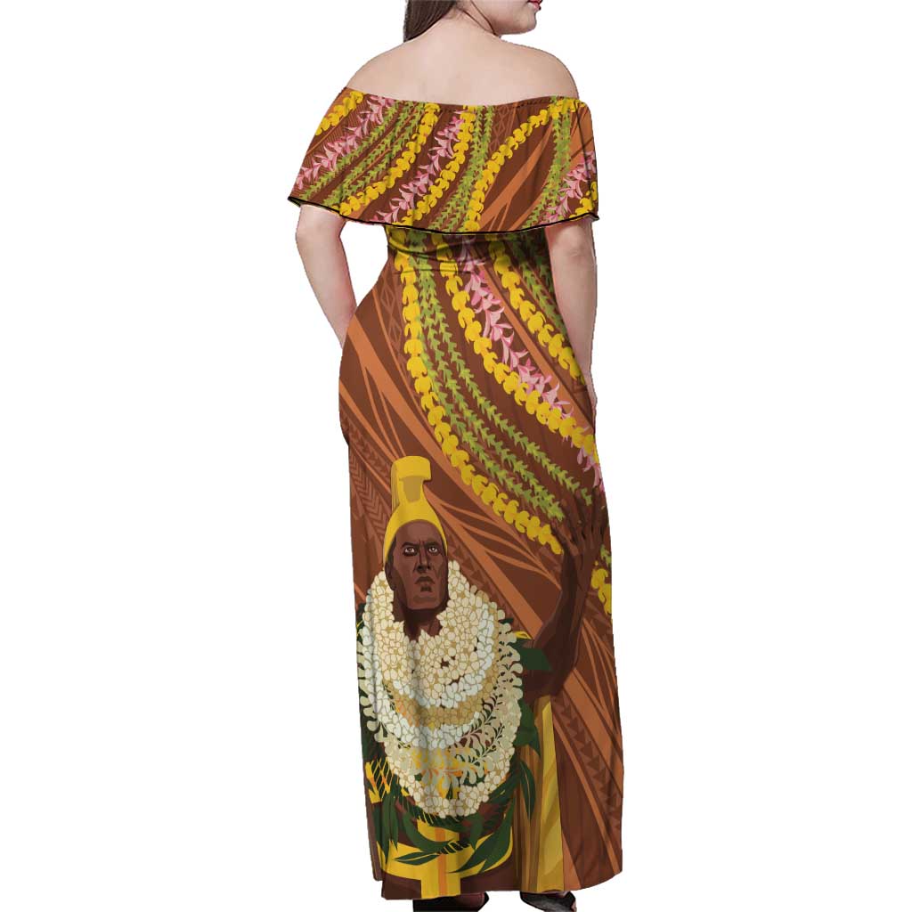 Hawaii King Kamehameha Family Matching Off Shoulder Maxi Dress and Hawaiian Shirt Hawaiian Kakau Pattern With Leis