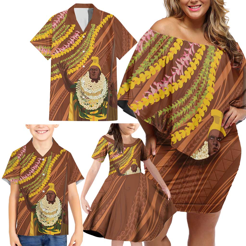 Hawaii King Kamehameha Family Matching Off Shoulder Short Dress and Hawaiian Shirt Hawaiian Kakau Pattern With Leis LT05 - Polynesian Pride