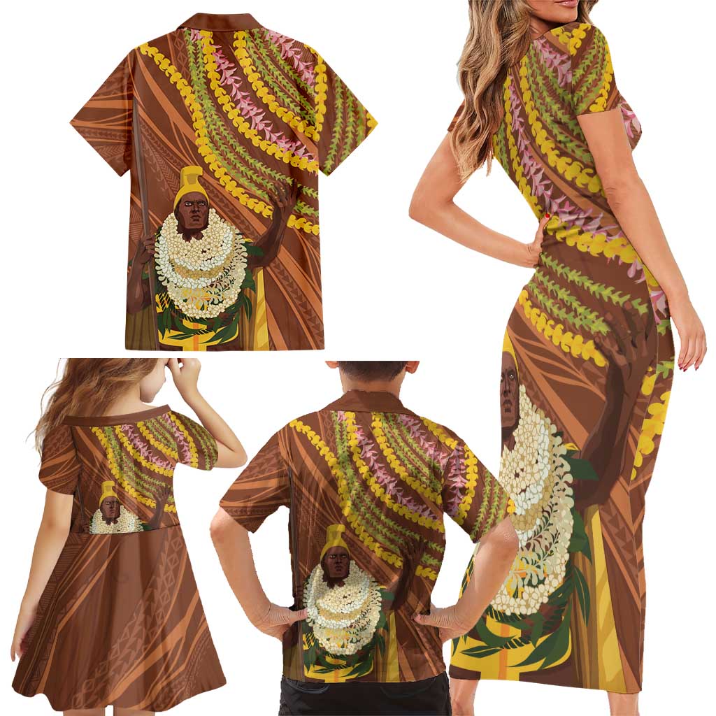 Hawaii King Kamehameha Family Matching Short Sleeve Bodycon Dress and Hawaiian Shirt Hawaiian Kakau Pattern With Leis