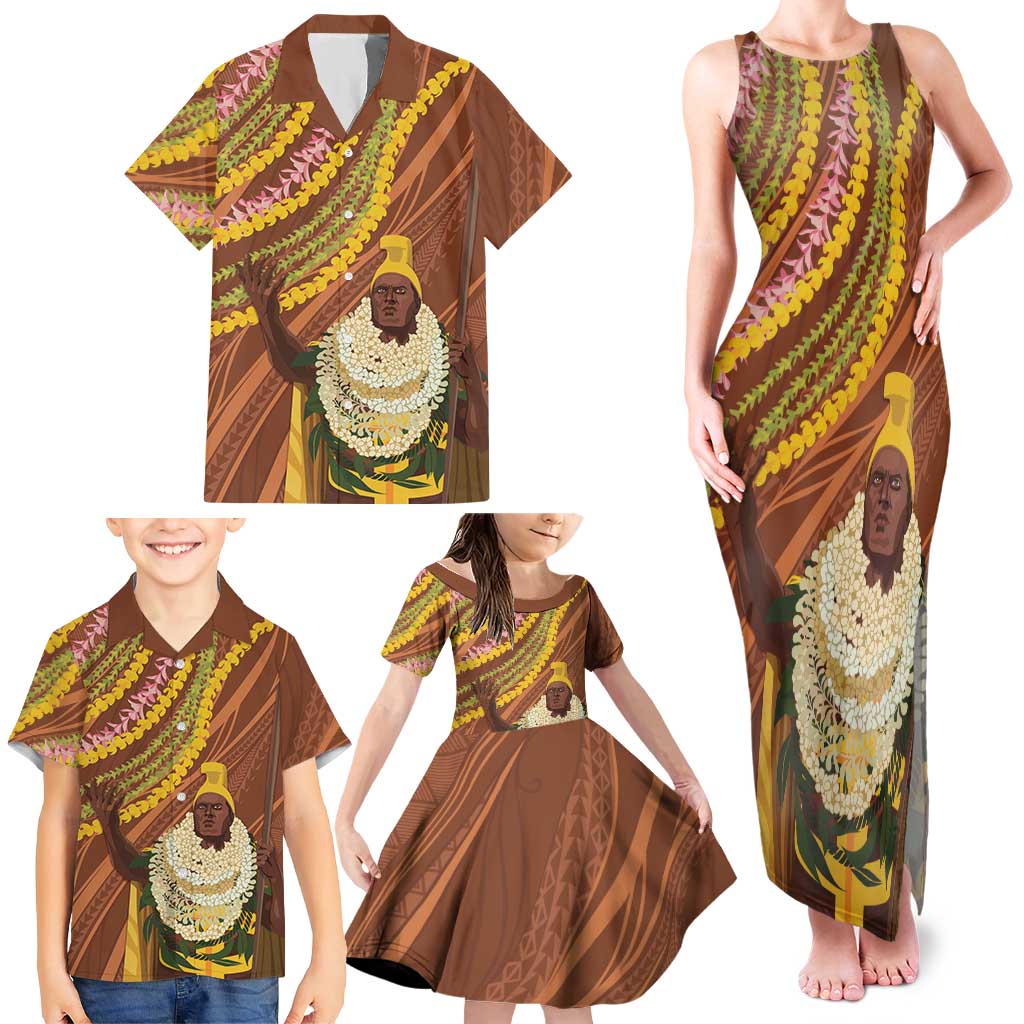 Hawaii King Kamehameha Family Matching Tank Maxi Dress and Hawaiian Shirt Hawaiian Kakau Pattern With Leis