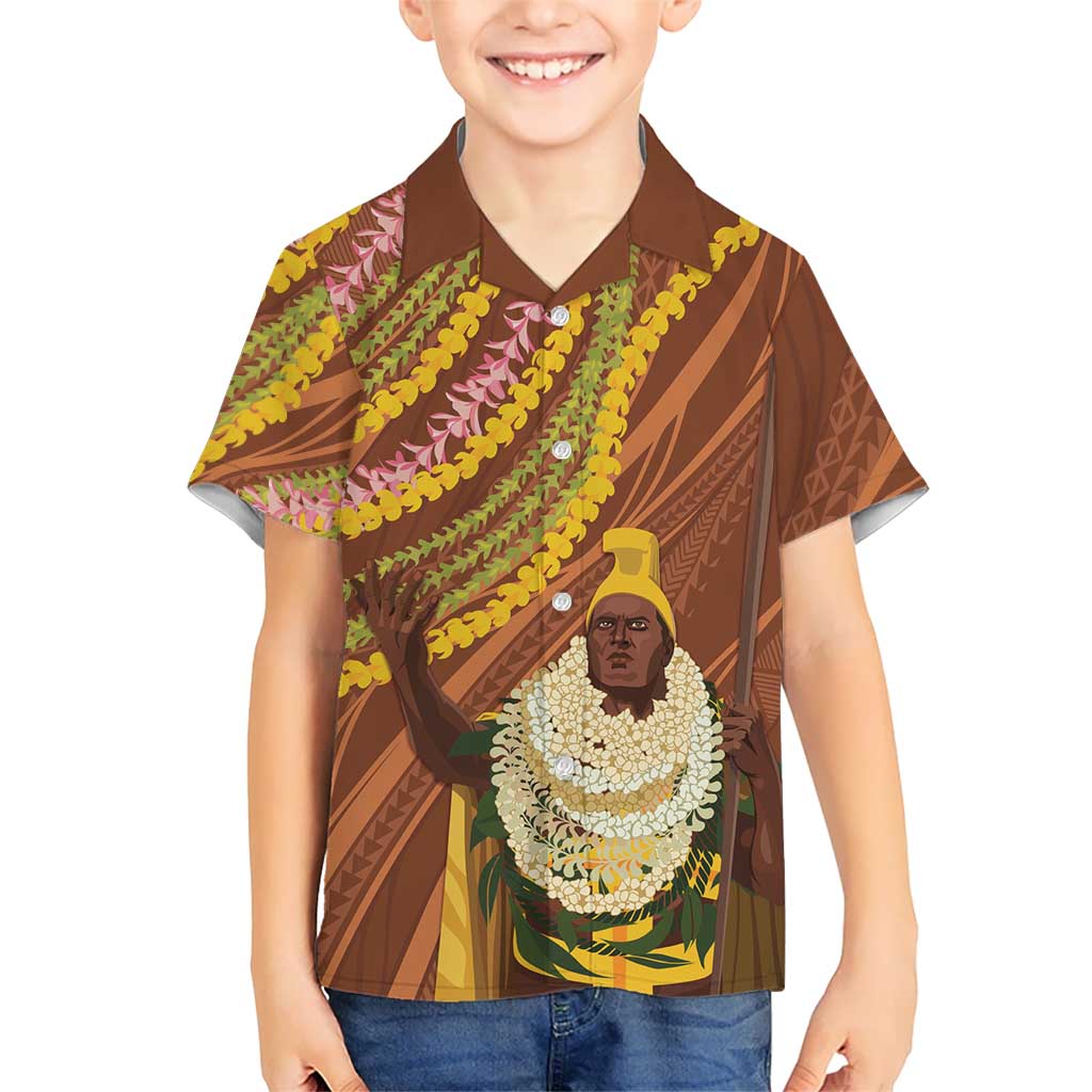 Hawaii King Kamehameha Family Matching Tank Maxi Dress and Hawaiian Shirt Hawaiian Kakau Pattern With Leis