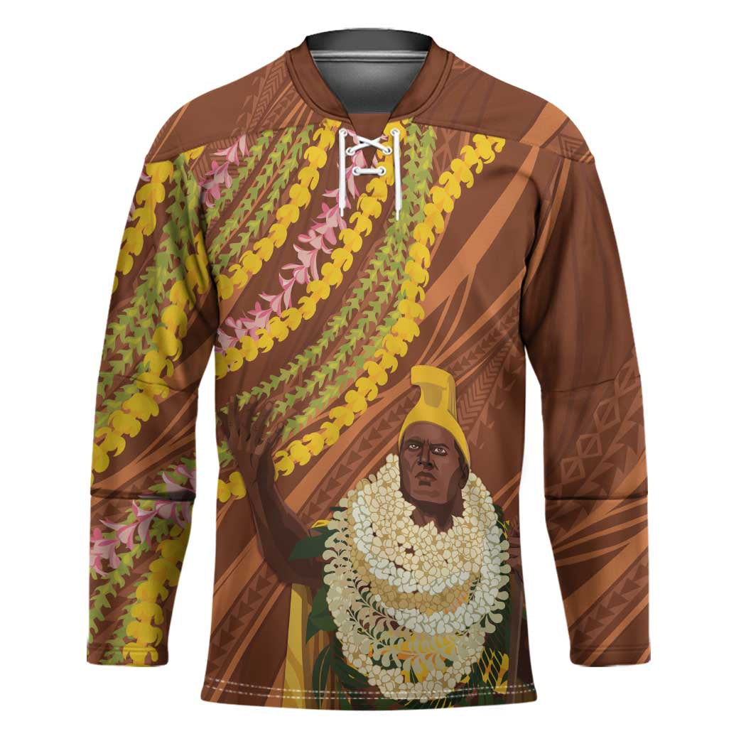 Hawaii King Kamehameha Hockey Jersey Hawaiian Kakau Pattern With Leis LT05 Unisex Brown - Polynesian Pride