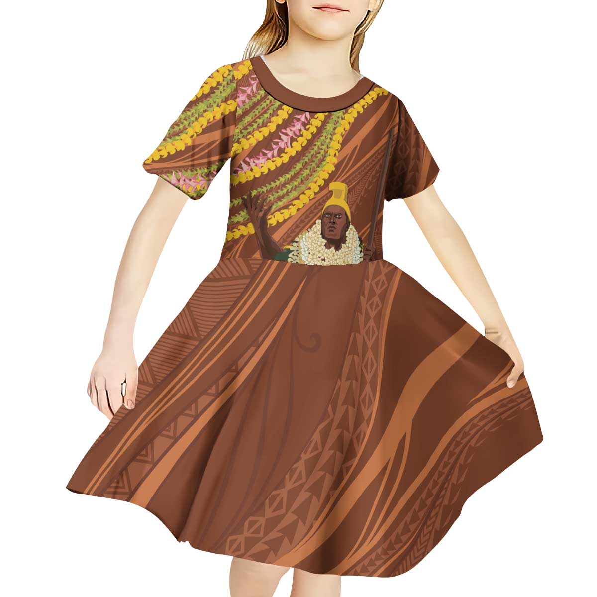 Hawaii King Kamehameha Kid Short Sleeve Dress Hawaiian Kakau Pattern With Leis LT05 - Polynesian Pride