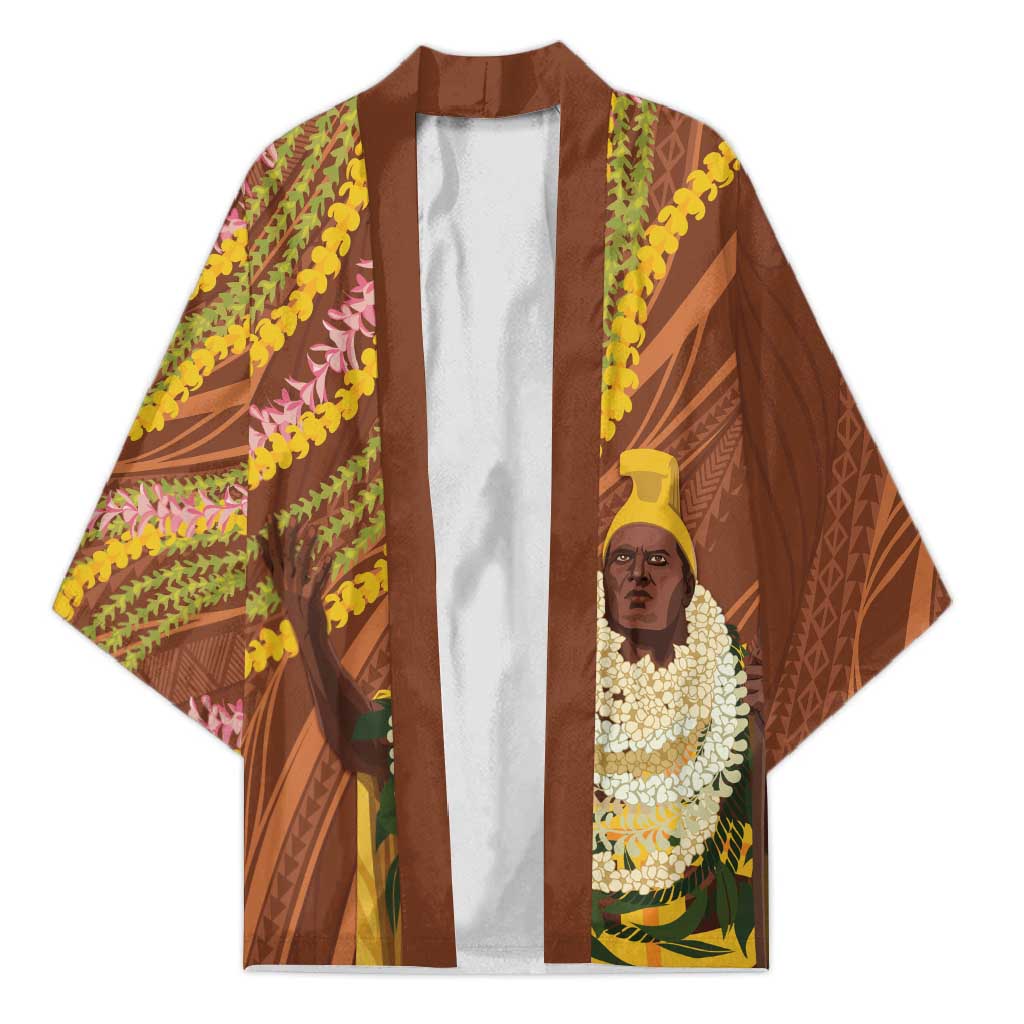 Hawaii King Kamehameha Kimono Hawaiian Kakau Pattern With Leis LT05 Unisex Brown - Polynesian Pride