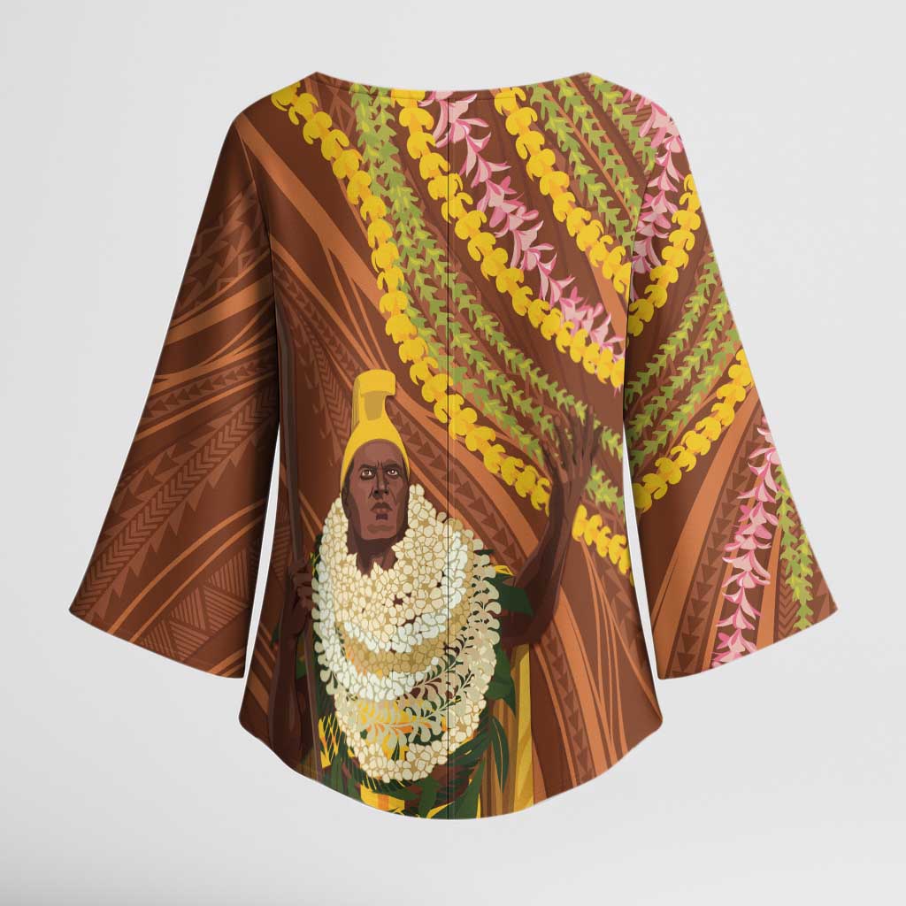 Hawaii King Kamehameha Kimono Sleeve Blouse Hawaiian Kakau Pattern With Leis LT05 - Polynesian Pride