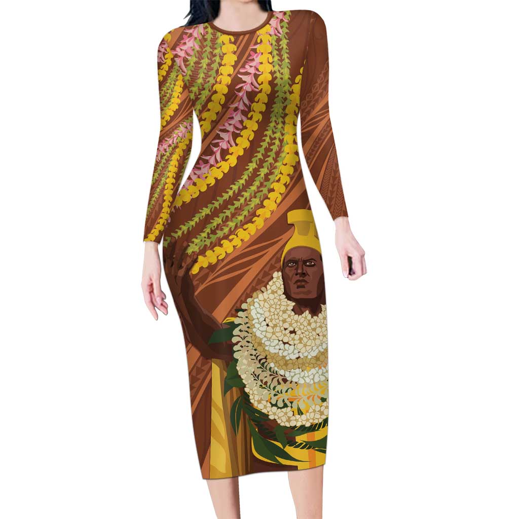 Hawaii King Kamehameha Long Sleeve Bodycon Dress Hawaiian Kakau Pattern With Leis LT05 Long Dress Brown - Polynesian Pride