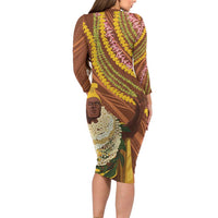 Hawaii King Kamehameha Long Sleeve Bodycon Dress Hawaiian Kakau Pattern With Leis LT05 - Polynesian Pride