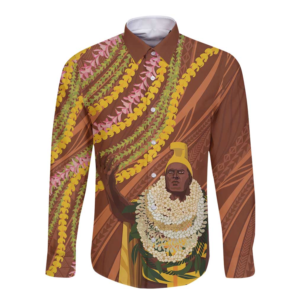 Hawaii King Kamehameha Long Sleeve Button Shirt Hawaiian Kakau Pattern With Leis LT05 Unisex Brown - Polynesian Pride