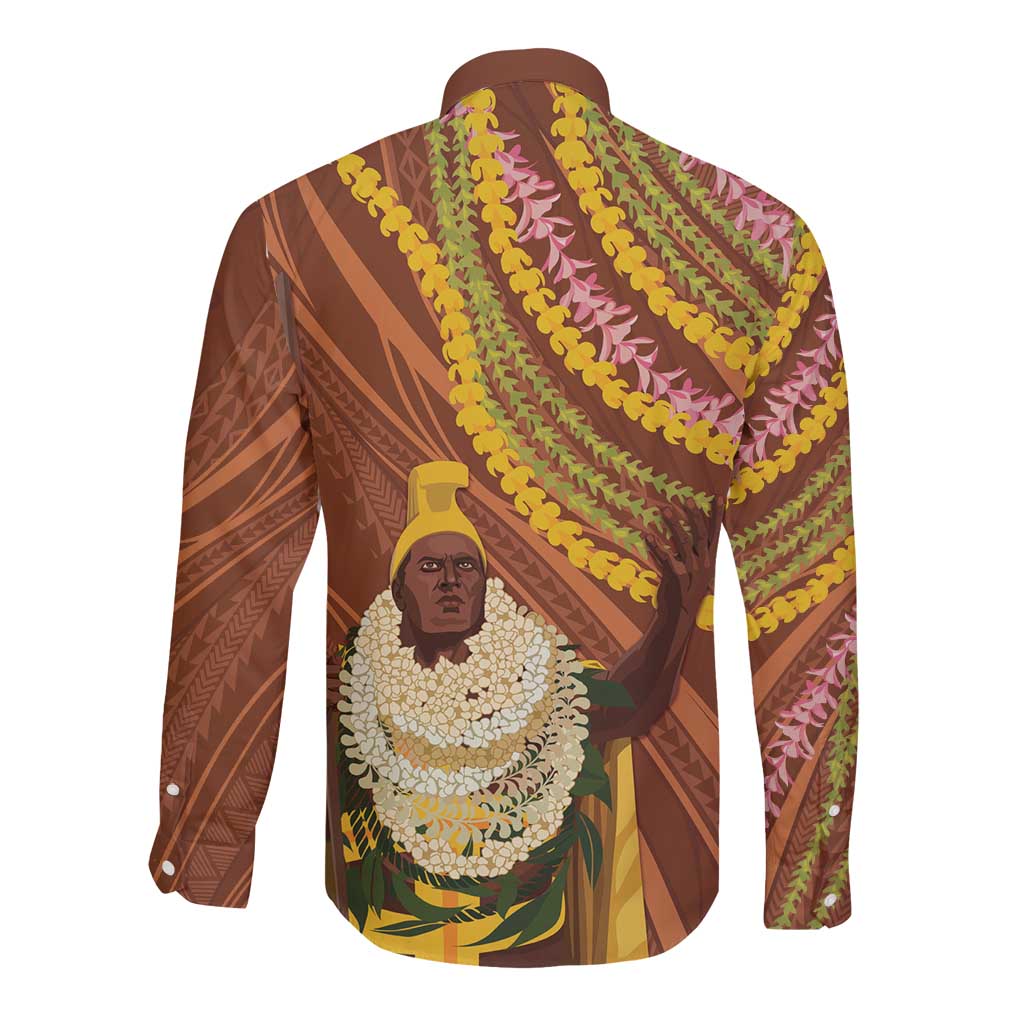 Hawaii King Kamehameha Long Sleeve Button Shirt Hawaiian Kakau Pattern With Leis LT05 - Polynesian Pride
