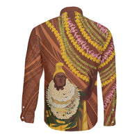 Hawaii King Kamehameha Long Sleeve Button Shirt Hawaiian Kakau Pattern With Leis LT05 - Polynesian Pride