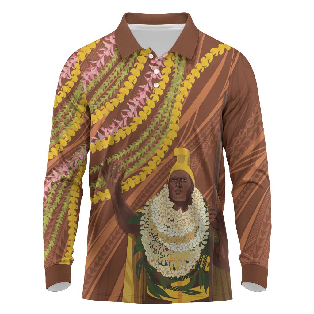 Hawaii King Kamehameha Long Sleeve Polo Shirt Hawaiian Kakau Pattern With Leis LT05 Brown - Polynesian Pride