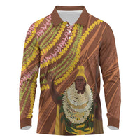 Hawaii King Kamehameha Long Sleeve Polo Shirt Hawaiian Kakau Pattern With Leis LT05 Brown - Polynesian Pride