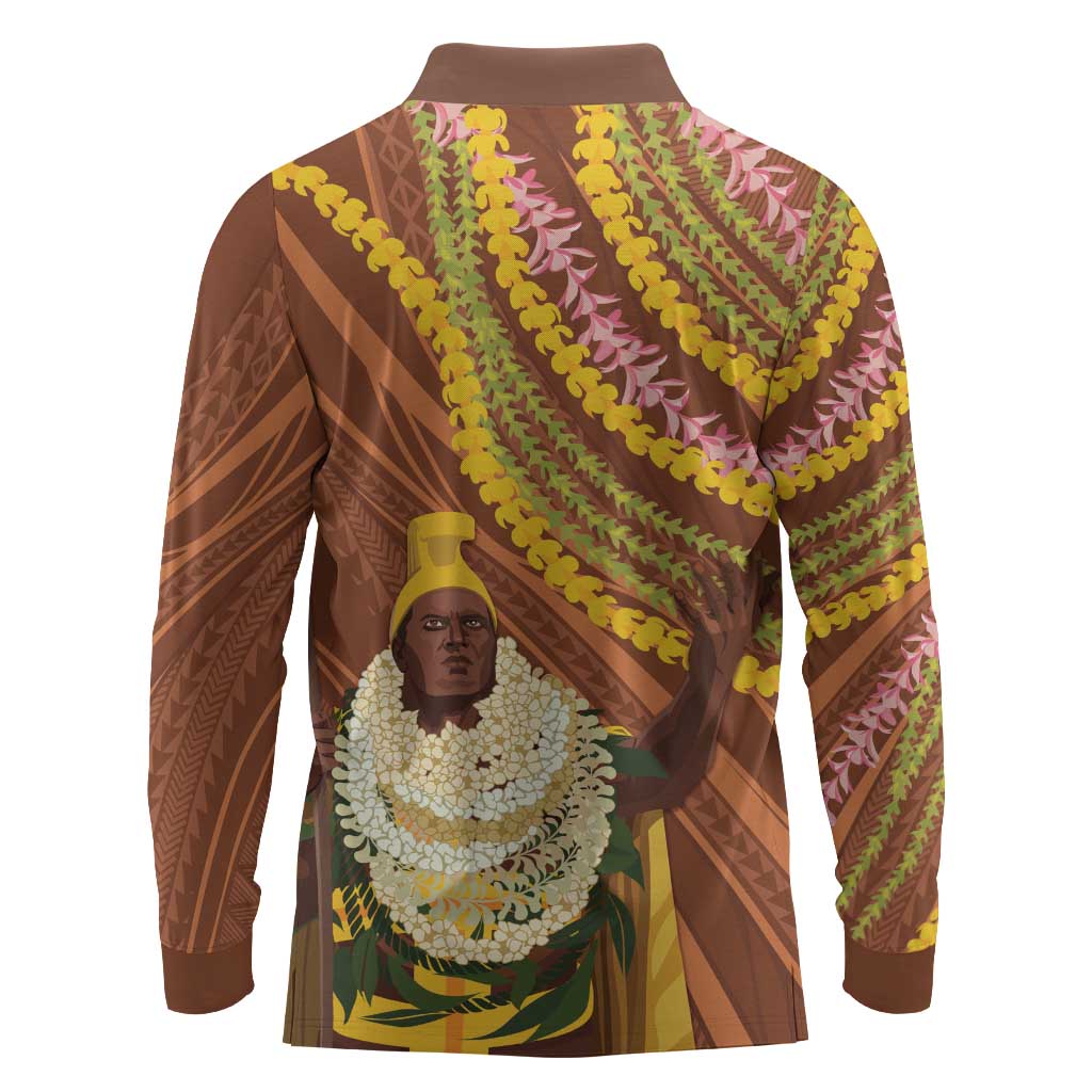 Hawaii King Kamehameha Long Sleeve Polo Shirt Hawaiian Kakau Pattern With Leis LT05 - Polynesian Pride