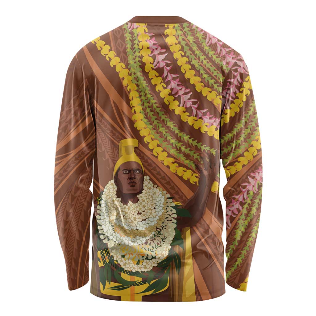 Hawaii King Kamehameha Long Sleeve Shirt Hawaiian Kakau Pattern With Leis LT05 - Polynesian Pride
