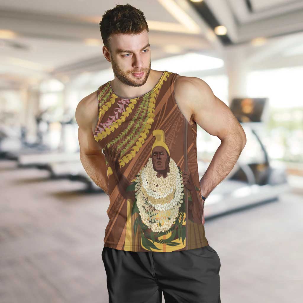 Hawaii King Kamehameha Men Tank Top Hawaiian Kakau Pattern With Leis LT05 Brown - Polynesian Pride