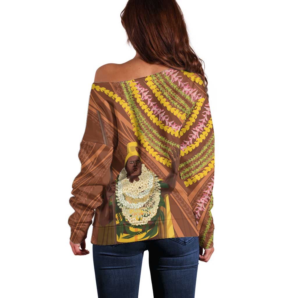 Hawaii King Kamehameha Off Shoulder Sweater Hawaiian Kakau Pattern With Leis LT05 - Polynesian Pride