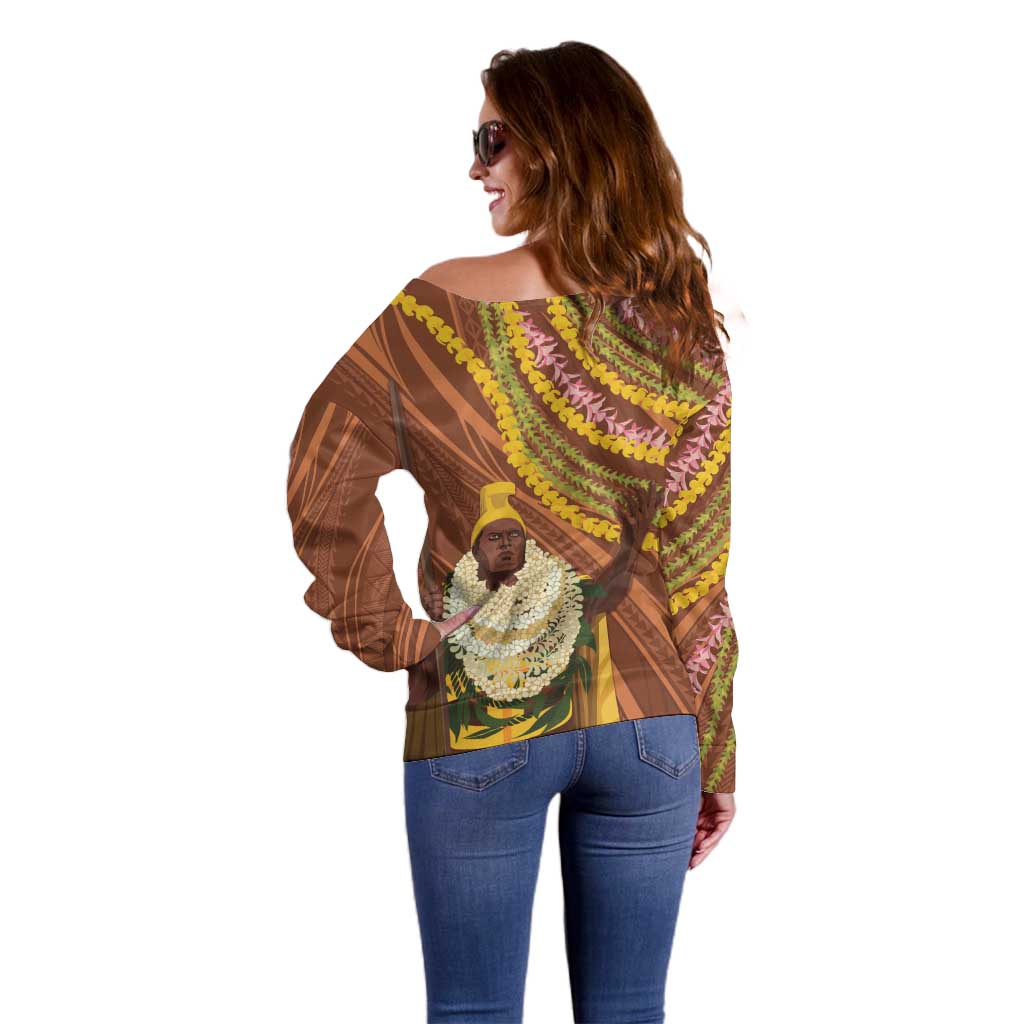 Hawaii King Kamehameha Off Shoulder Sweater Hawaiian Kakau Pattern With Leis LT05 - Polynesian Pride