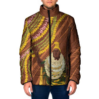 Hawaii King Kamehameha Padded Jacket Hawaiian Kakau Pattern With Leis LT05 Men Brown - Polynesian Pride