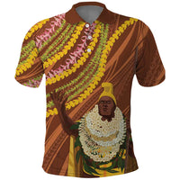 Hawaii King Kamehameha Polo Shirt Hawaiian Kakau Pattern With Leis LT05 Brown - Polynesian Pride