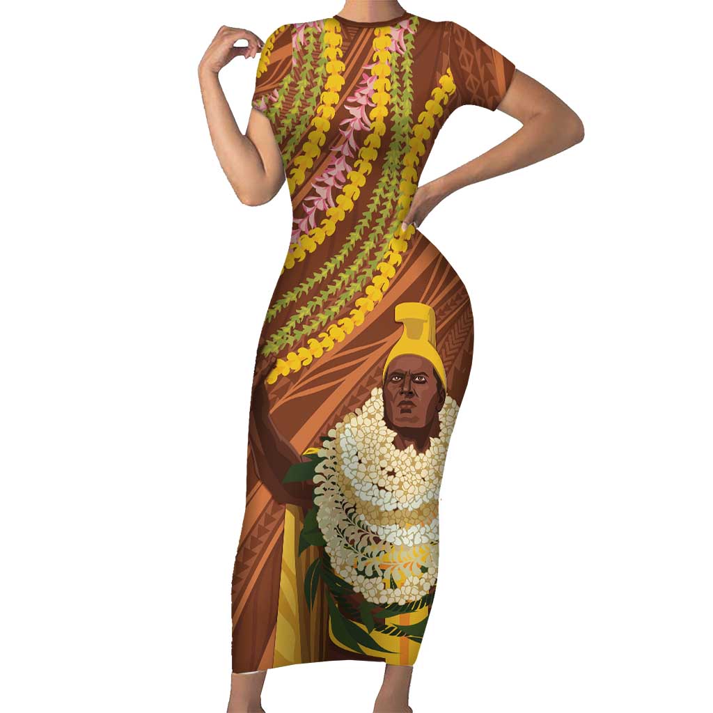 Hawaii King Kamehameha Short Sleeve Bodycon Dress Hawaiian Kakau Pattern With Leis LT05 Long Dress Brown - Polynesian Pride