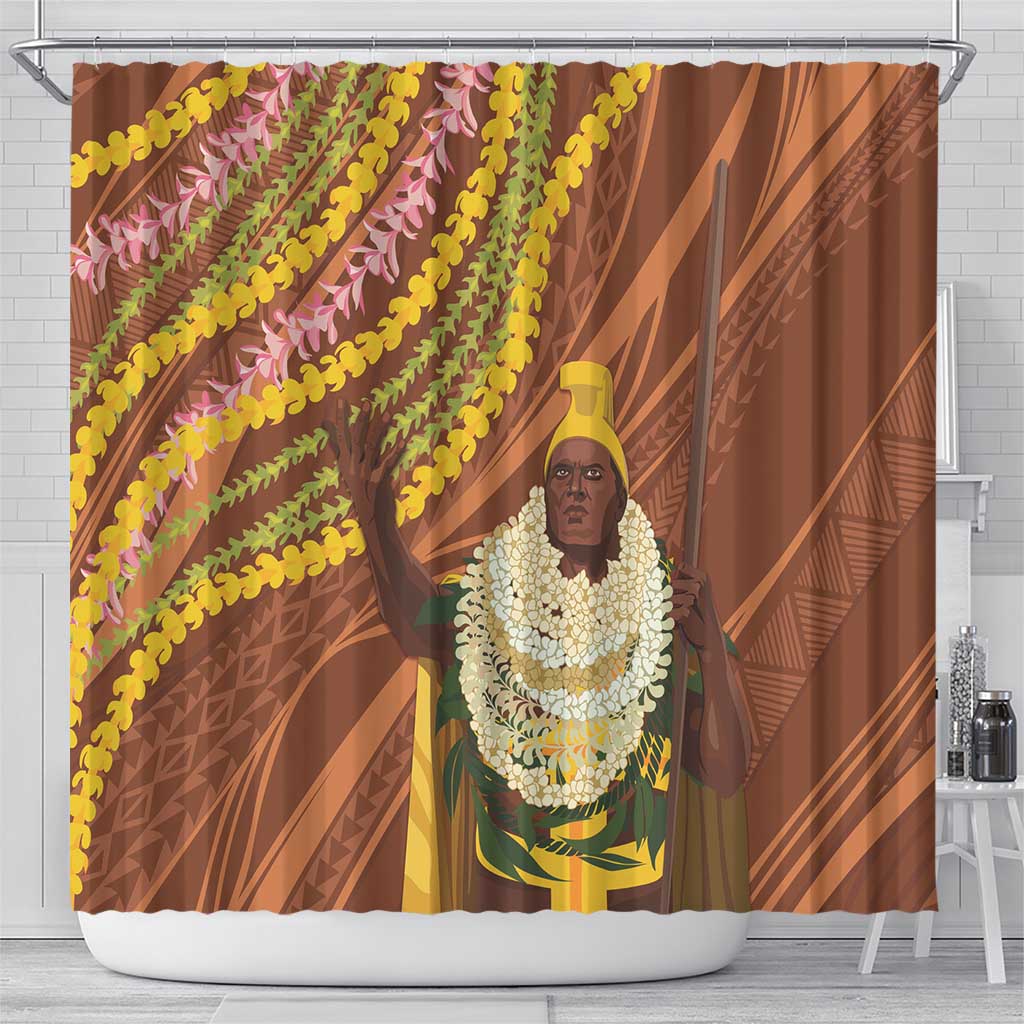 Hawaii King Kamehameha Shower Curtain Hawaiian Kakau Pattern With Leis LT05 - Polynesian Pride