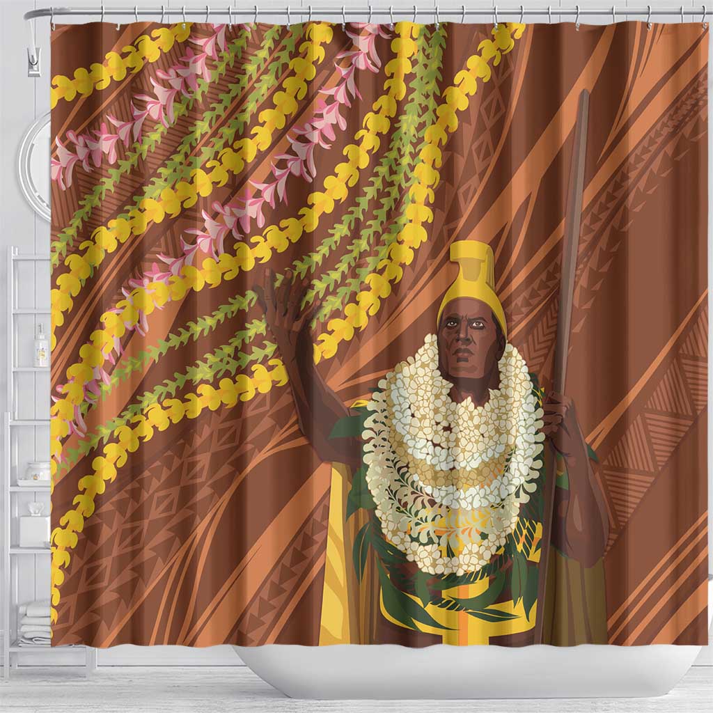 Hawaii King Kamehameha Shower Curtain Hawaiian Kakau Pattern With Leis LT05 - Polynesian Pride