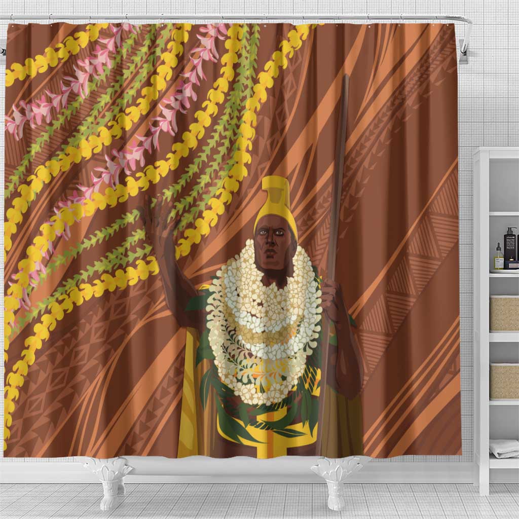 Hawaii King Kamehameha Shower Curtain Hawaiian Kakau Pattern With Leis LT05 - Polynesian Pride