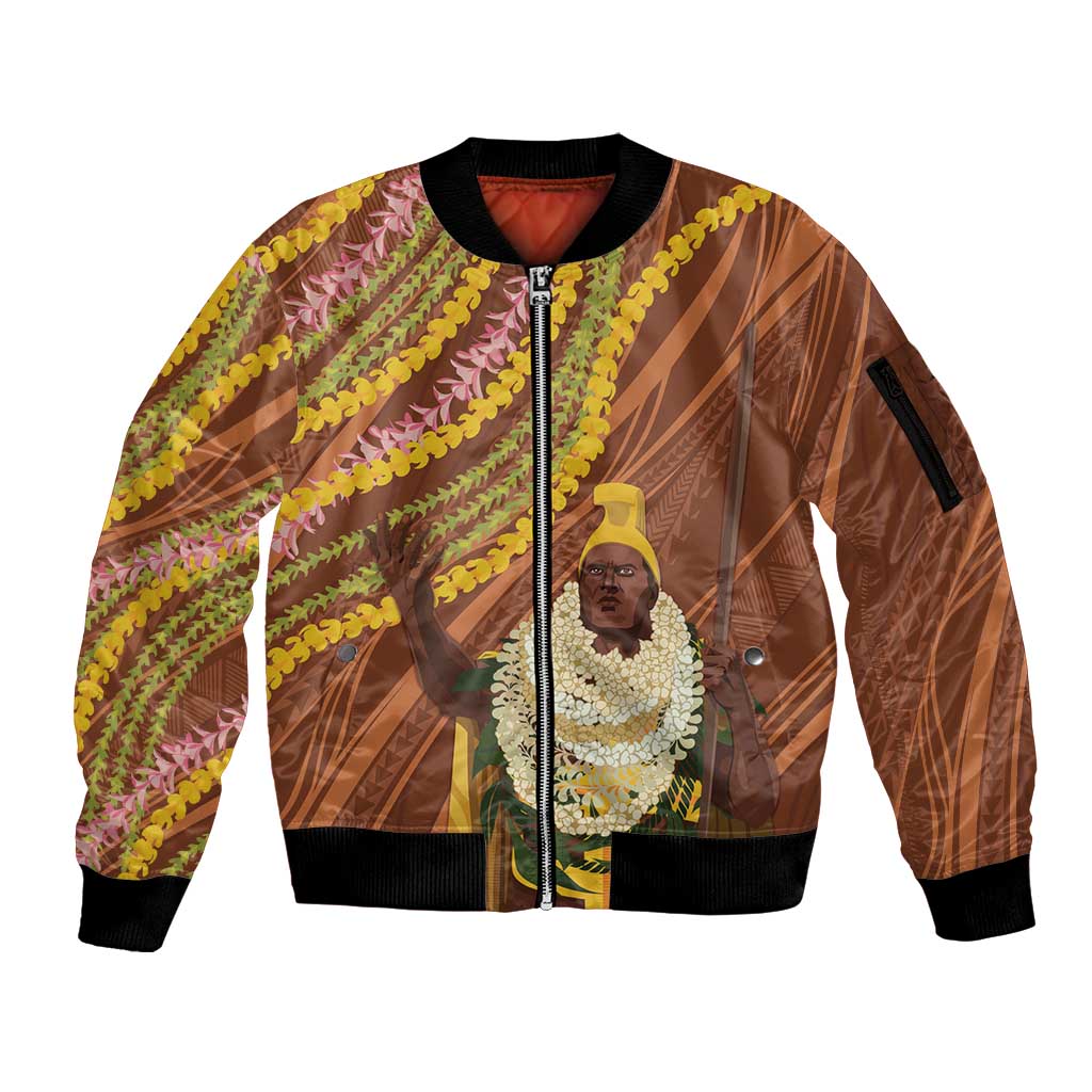 Hawaii King Kamehameha Sleeve Zip Bomber Jacket Hawaiian Kakau Pattern With Leis LT05 Unisex Brown - Polynesian Pride